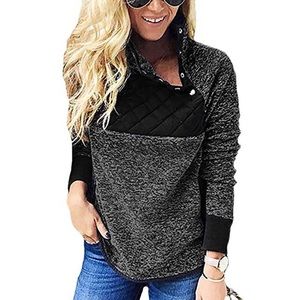 Button Neck Patchwork Fleece Pullover